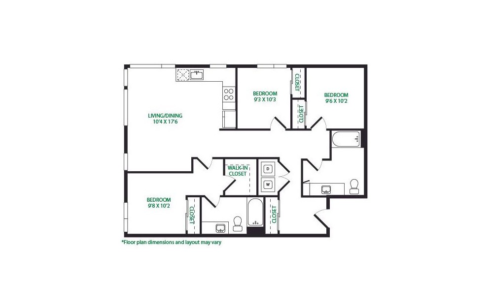 3.1.W - 3 bedroom floorplan layout with 2 bathrooms and 1147 square feet (Layout 2
)