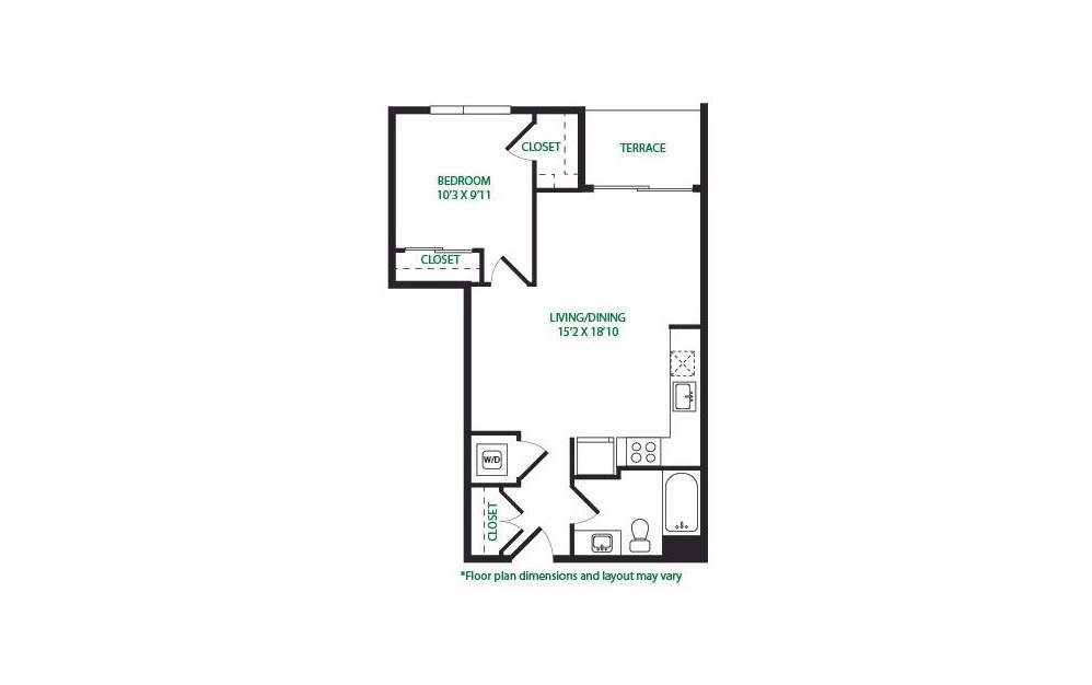 1.12.W - 1 bedroom floorplan layout with 1 bath and 671 square feet.