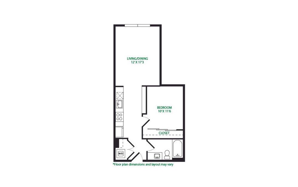 0.1 - 1 bedroom floorplan layout with 1 bath and 615 square feet. (No Terrace)