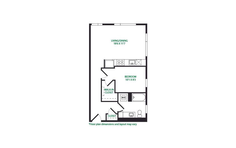 1.29.S - 1 bedroom floorplan layout with 1 bath and 682 square feet.
