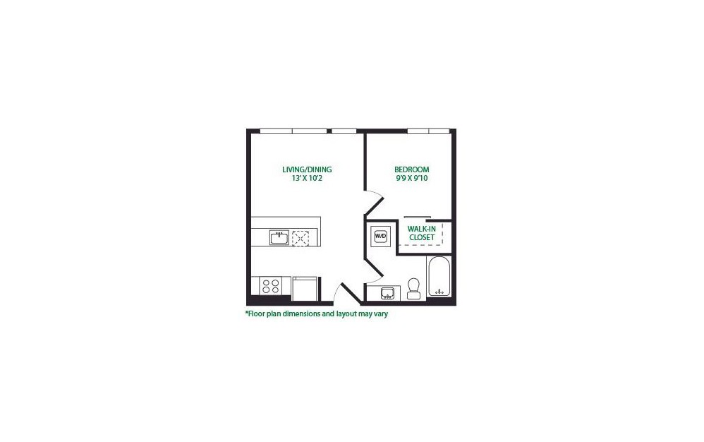 1.8.E - 1 bedroom floorplan layout with 1 bath and 525 square feet.