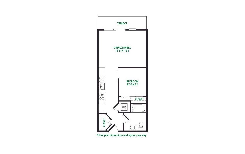 0.6.W - 1 bedroom floorplan layout with 1 bathroom and 598 square feet (Terrace)