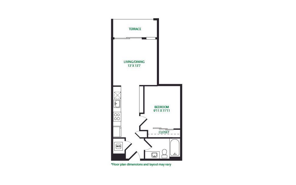 0.1.3 - 1 bedroom floorplan layout with 1 bathroom and 603 square feet