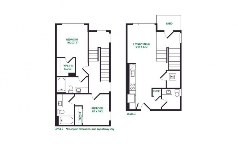 TH2.2 - 2 bedroom floorplan layout with 2.5 bathrooms and 1065 square feet