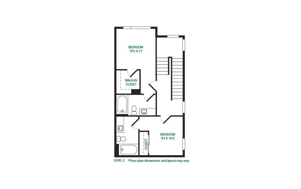 TH2.2 - 2 bedroom floorplan layout with 2.5 baths and 1065 square feet. (Floor 2)