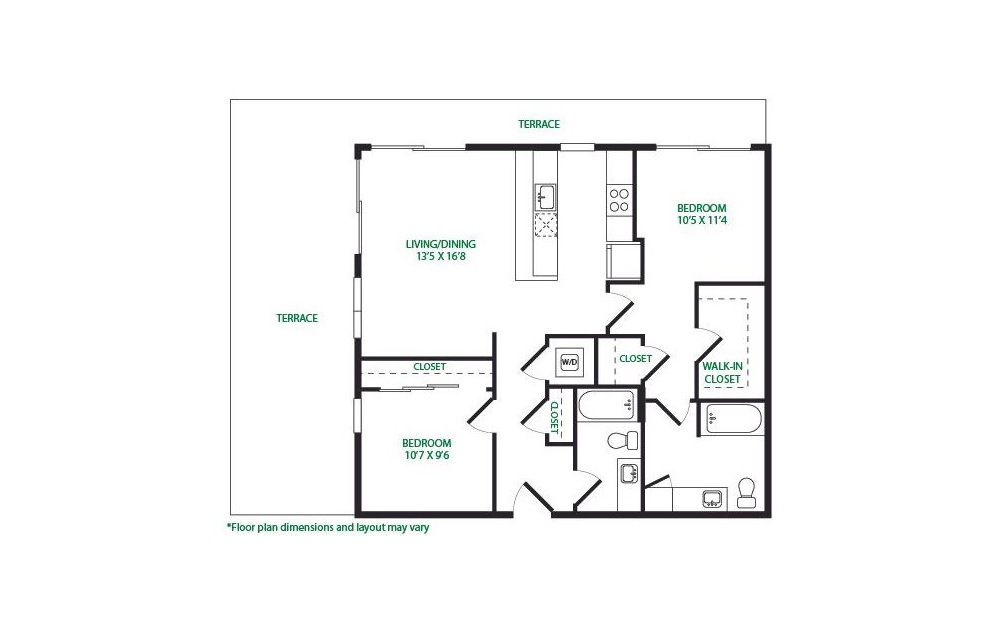 2.12.W - 2 bedroom floorplan layout with 2 baths and 1061 square feet.