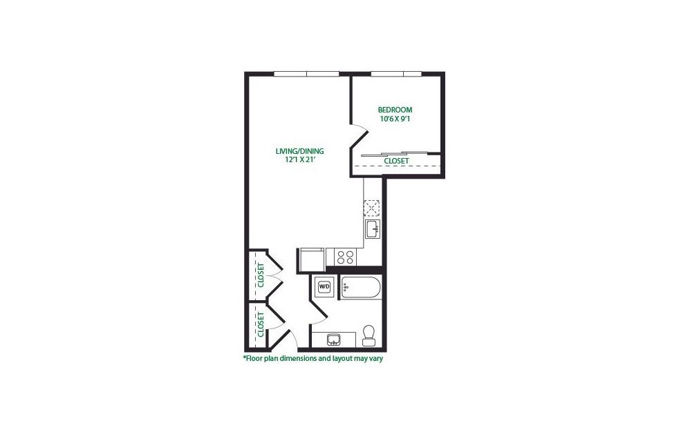 1.1 - 1 bedroom floorplan layout with 1 bathroom and 699 square feet (No Terrace
)