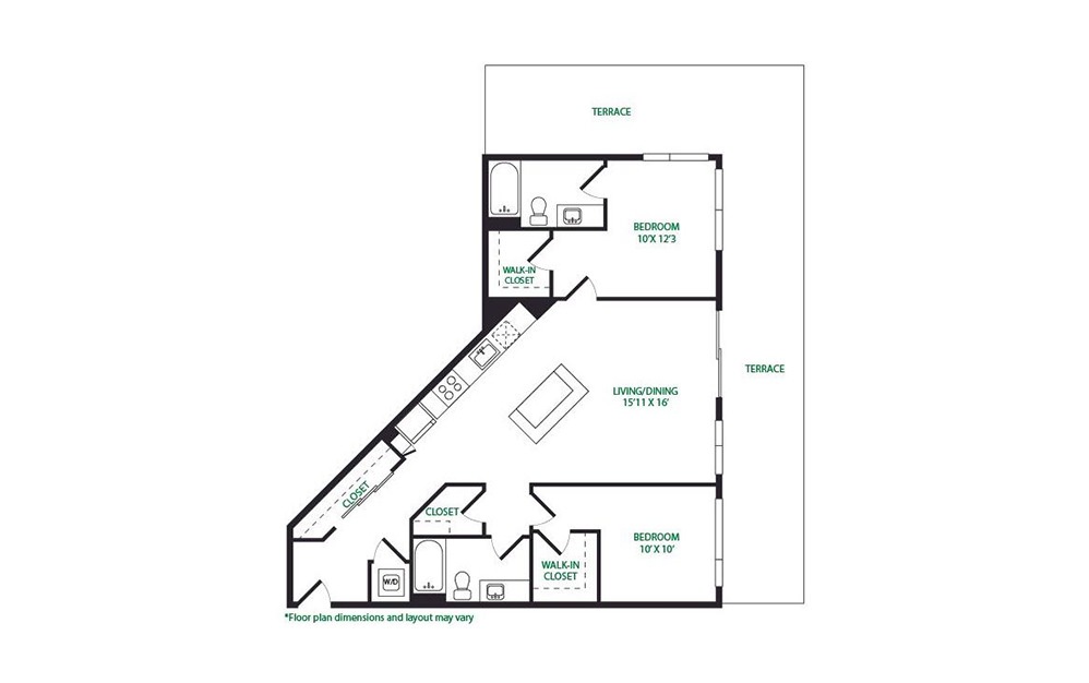 2.9.W - 2 bedroom floorplan layout with 2 baths and 1127 square feet.