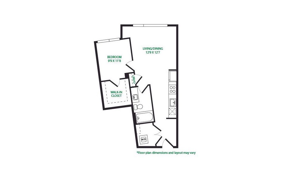 1.22.W - 1 bedroom floorplan layout with 1 bath and 646 square feet.