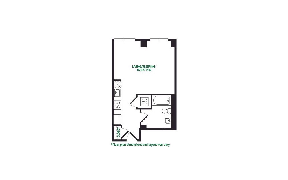 S.2.W - Studio floorplan layout with 1 bath and 465 square feet.