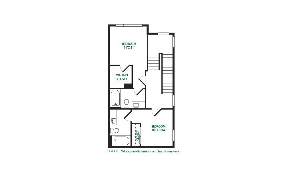 TH2.3 - 2 bedroom floorplan layout with 2.5 baths and 1040 square feet. (Floor 2)