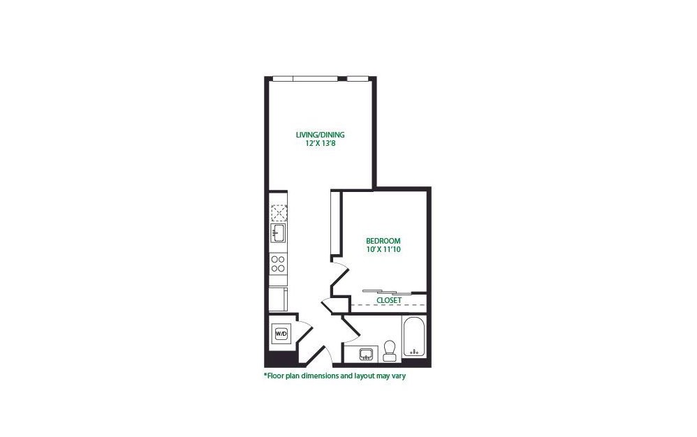 0.1.2 - 1 bedroom floorplan layout with 1 bathroom and 597 square feet (No Terrace)