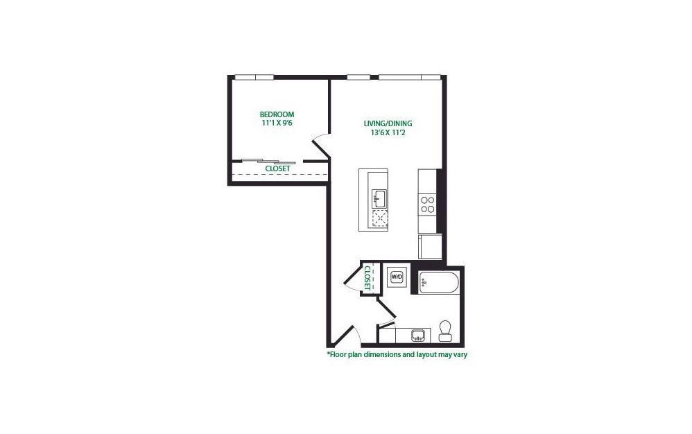 1.9.E - 1 bedroom floorplan layout with 1 bathroom and 664 square feet