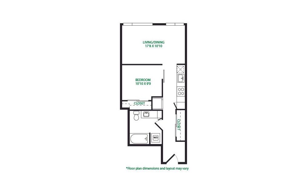 0.4.E - 1 bedroom floorplan layout with 1 bathroom and 596 square feet