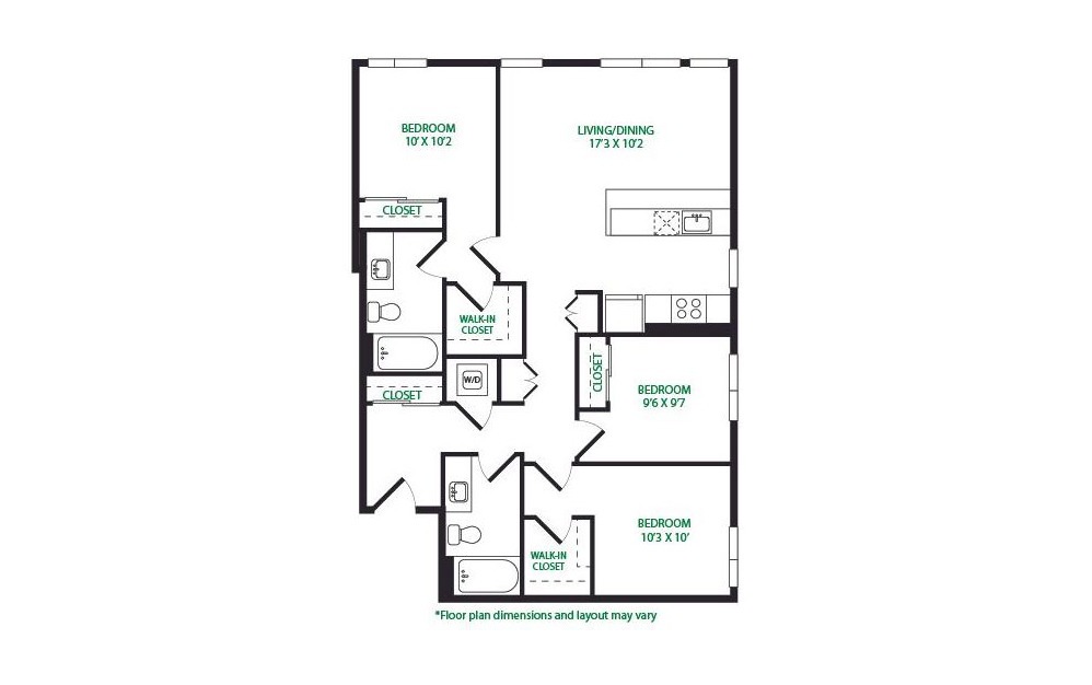 3.1.W - 3 bedroom floorplan layout with 2 bathrooms and 1147 square feet (Layout 1 
)