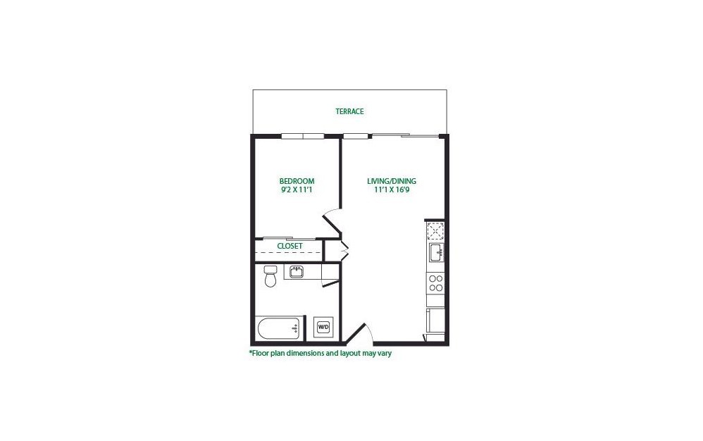 1.25.W - 1 bedroom floorplan layout with 1 bathroom and 531 square feet (Terrace)