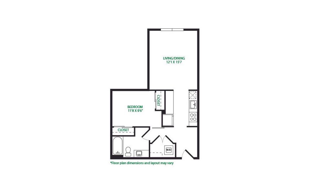 0.7.W - 1 bedroom floorplan layout with 1 bathroom and 652 square feet (No Terrace
)