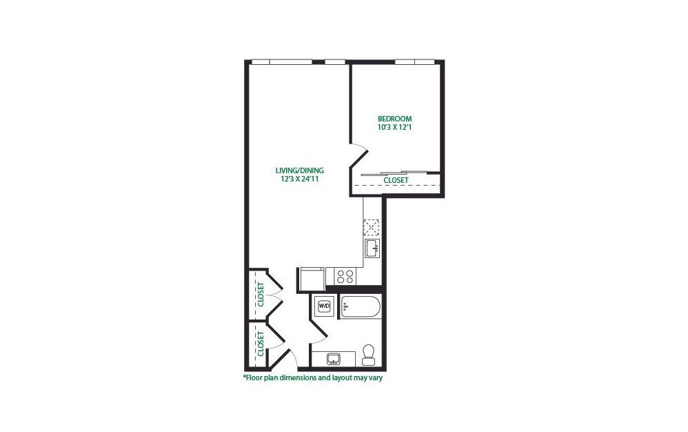 1.1.2 - 1 bedroom floorplan layout with 1 bath and 775 square feet. (No Terrace)