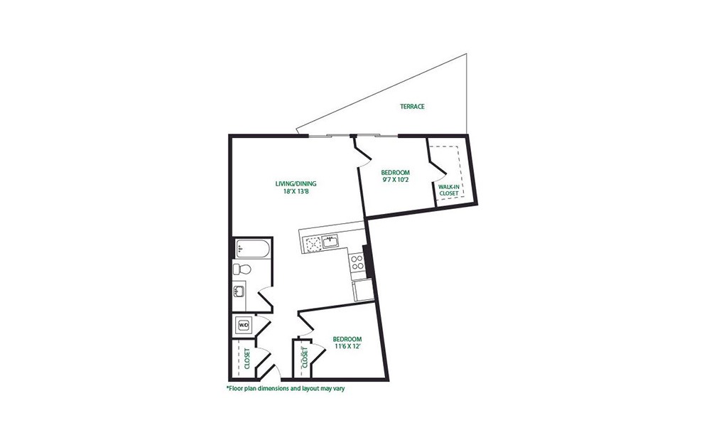 1P.3.W - 1 bedroom floorplan layout with 1 bath and 903 square feet.