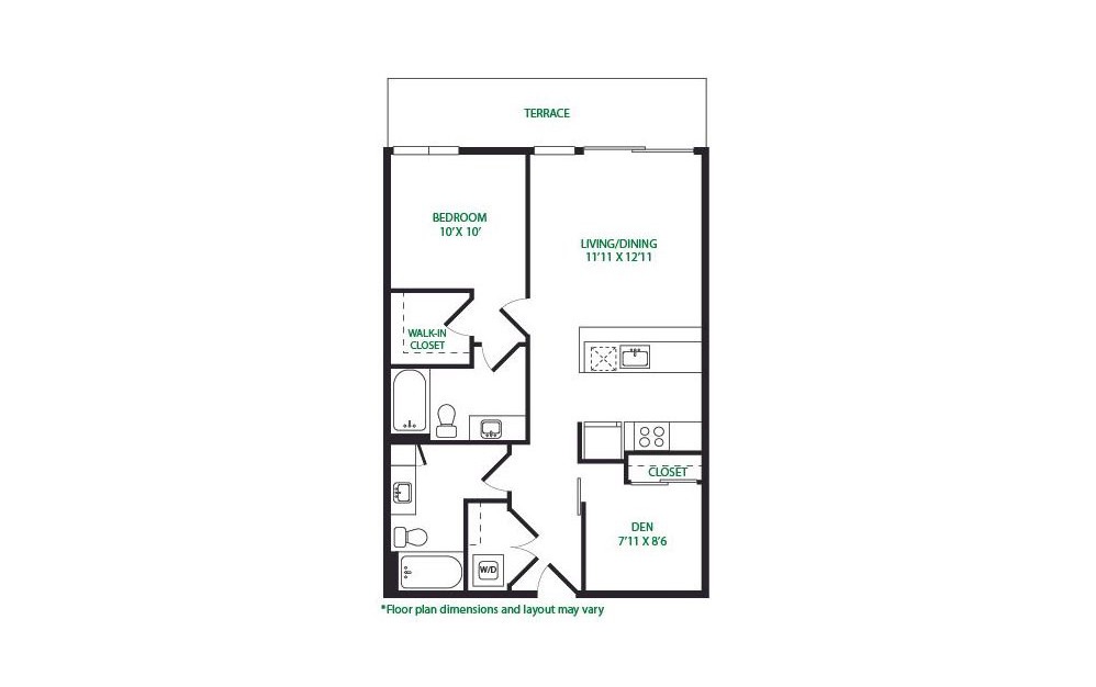 1P.2.W - 1 bedroom floorplan layout with 2 baths and 863 square feet.