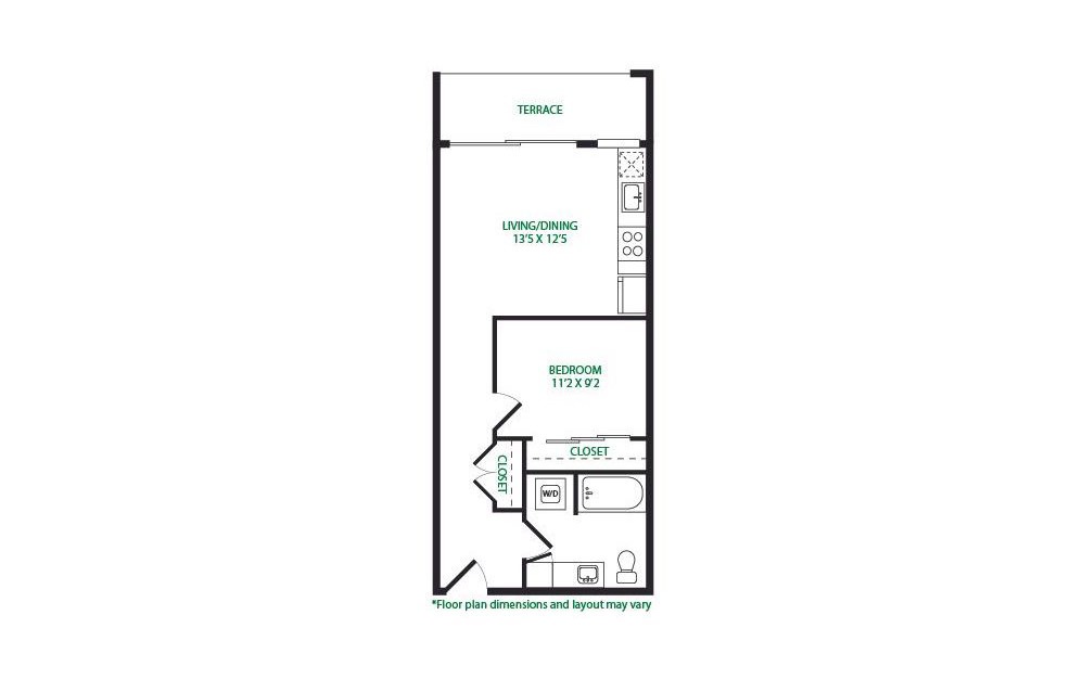 0.8.W - 1 bedroom floorplan layout with 1 bathroom and 589 square feet (Terrace)