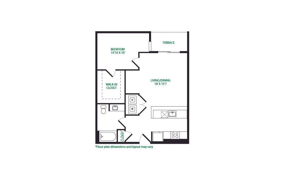 1.15 - 1 bedroom floorplan layout with 1 bathroom and 817 square feet (Terrace)