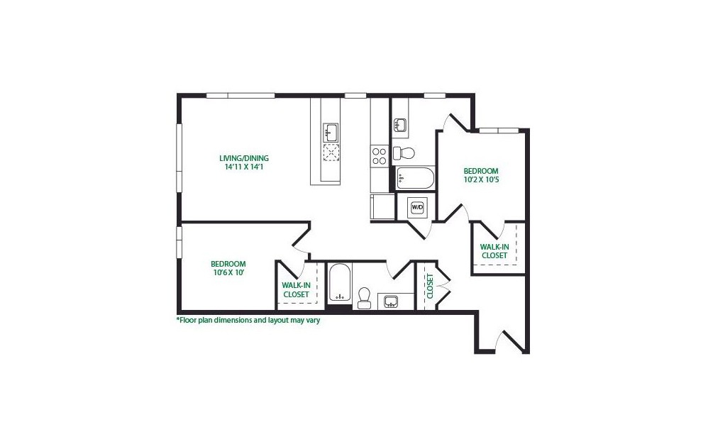 2.4.W - 2 bedroom floorplan layout with 2 baths and 1083 square feet.