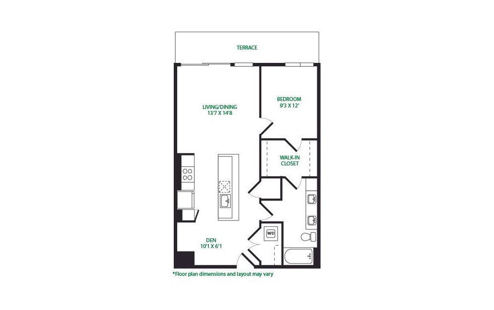 1P.1.W - 1 bedroom floorplan layout with 1 bath and 843 square feet. (Terrace)