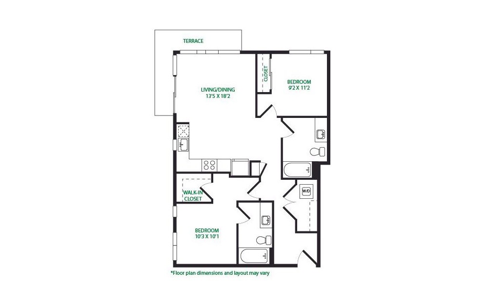 2.13.W - 2 bedroom floorplan layout with 2 baths and 969 square feet.