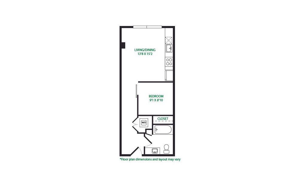 0.18.W - 1 bedroom floorplan layout with 1 bathroom and 509 square feet (No Terrace
)