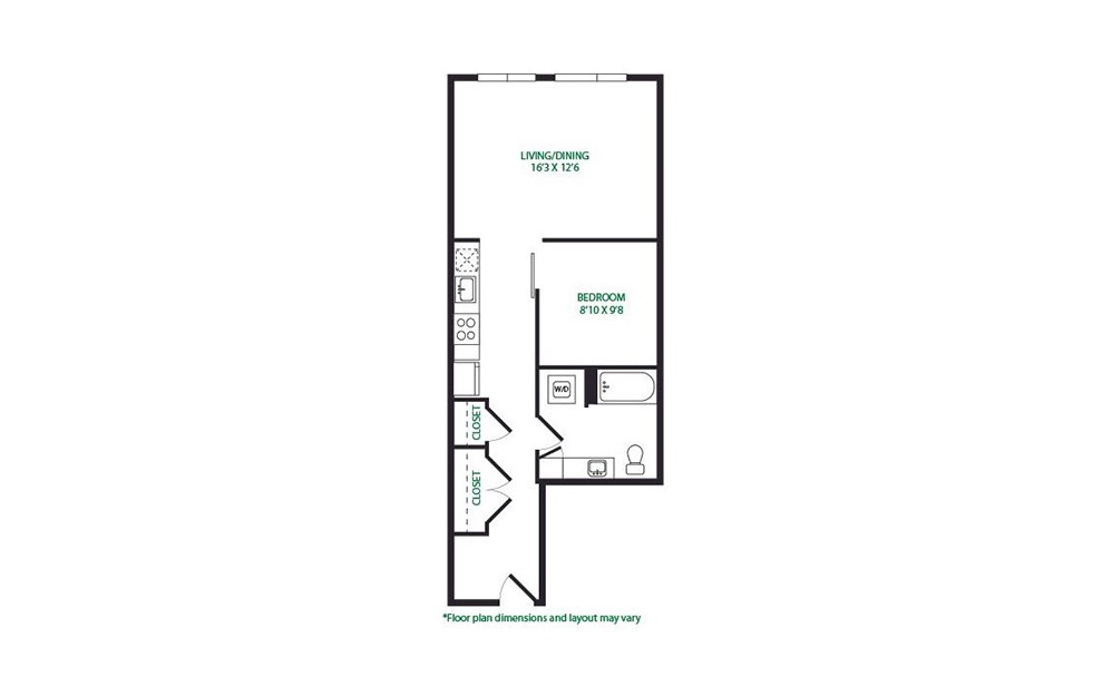 0.9.W - 1 bedroom floorplan layout with 1 bathroom and 620 square feet