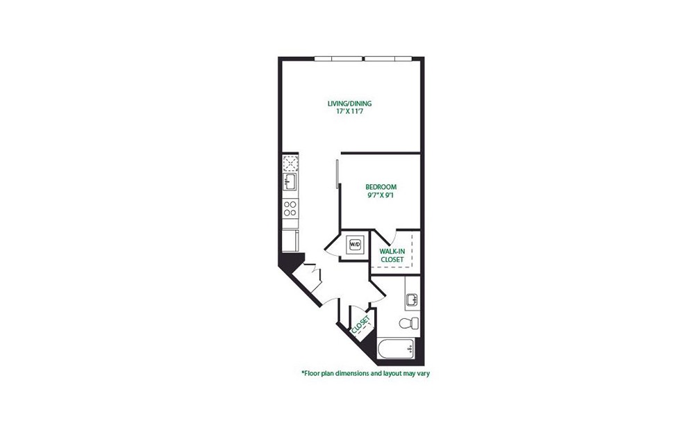 0.13.W - 1 bedroom floorplan layout with 1 bathroom and 618 square feet