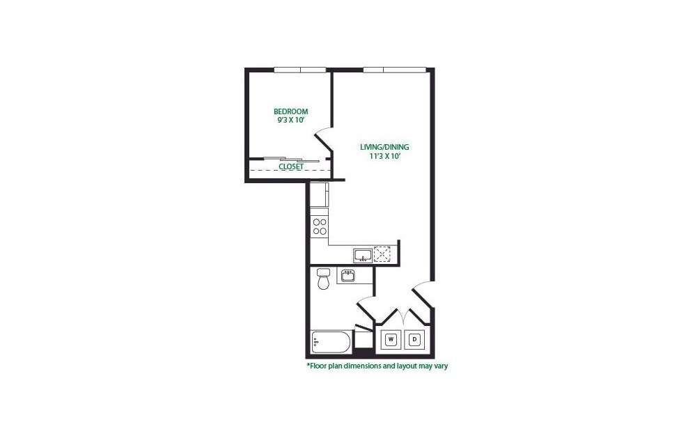 1.2 - 1 bedroom floorplan layout with 1 bath and 677 square feet. (No Terrace)