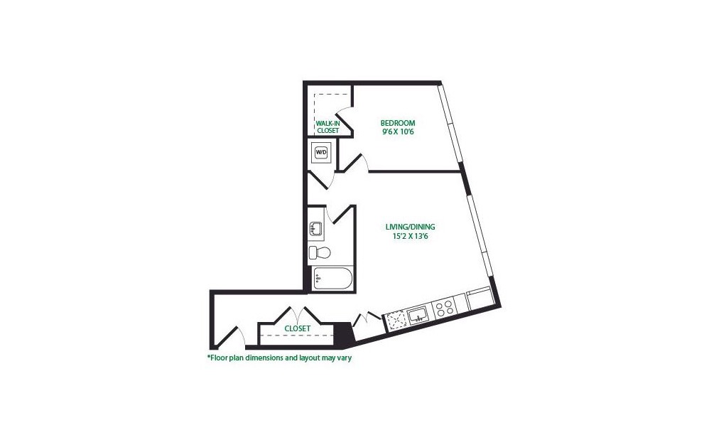 1.24.W - 1 bedroom floorplan layout with 1 bathroom and 653 square feet