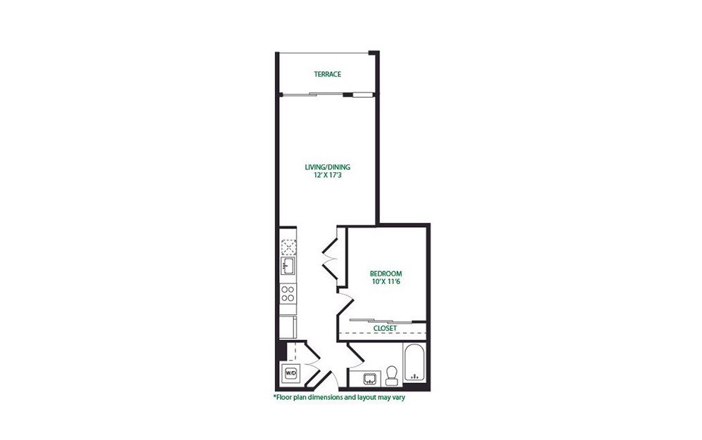 0.1 - 1 bedroom floorplan layout with 1 bath and 615 square feet. (Terrace)