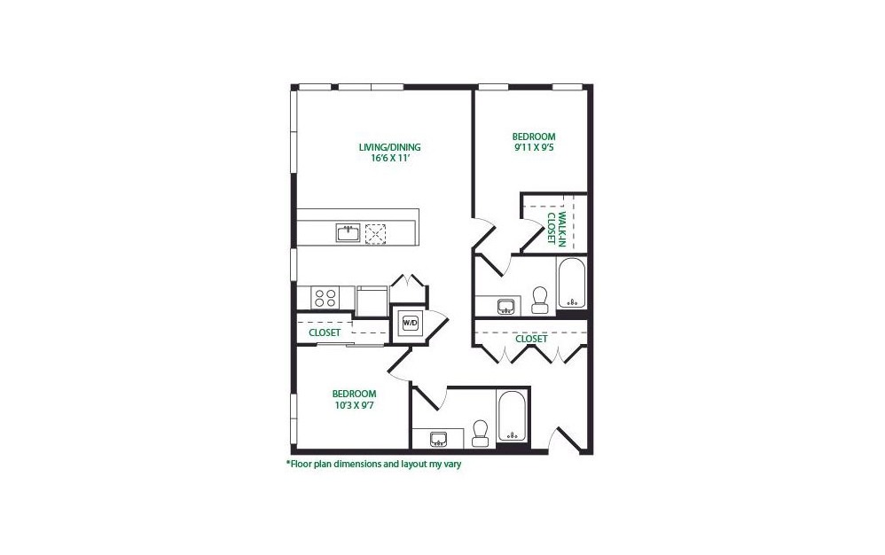 2.10.W - 2 bedroom floorplan layout with 2 bathrooms and 952 square feet