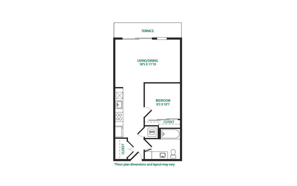 0.3.E - 1 bedroom floorplan layout with 1 bath and 646 square feet. (Terrace)