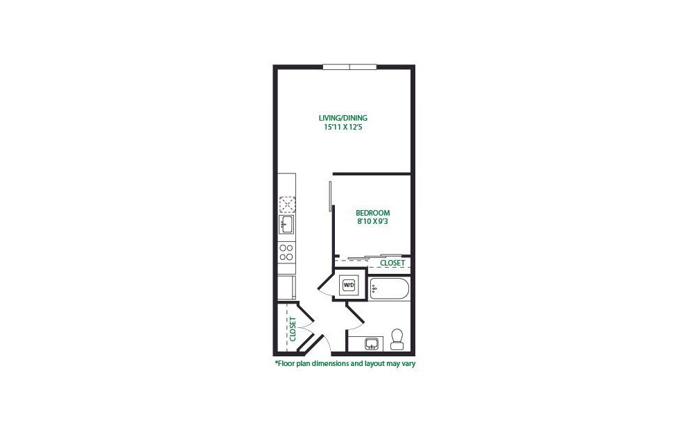 0.6.W - 1 bedroom floorplan layout with 1 bathroom and 598 square feet (No Terrace
)