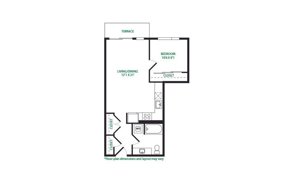 1.1 - 1 bedroom floorplan layout with 1 bathroom and 699 square feet (Terrace)