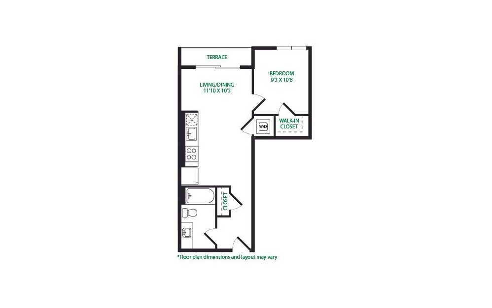 1.13.W - 1 bedroom floorplan layout with 1 bath and 606 square feet. (Terrace)