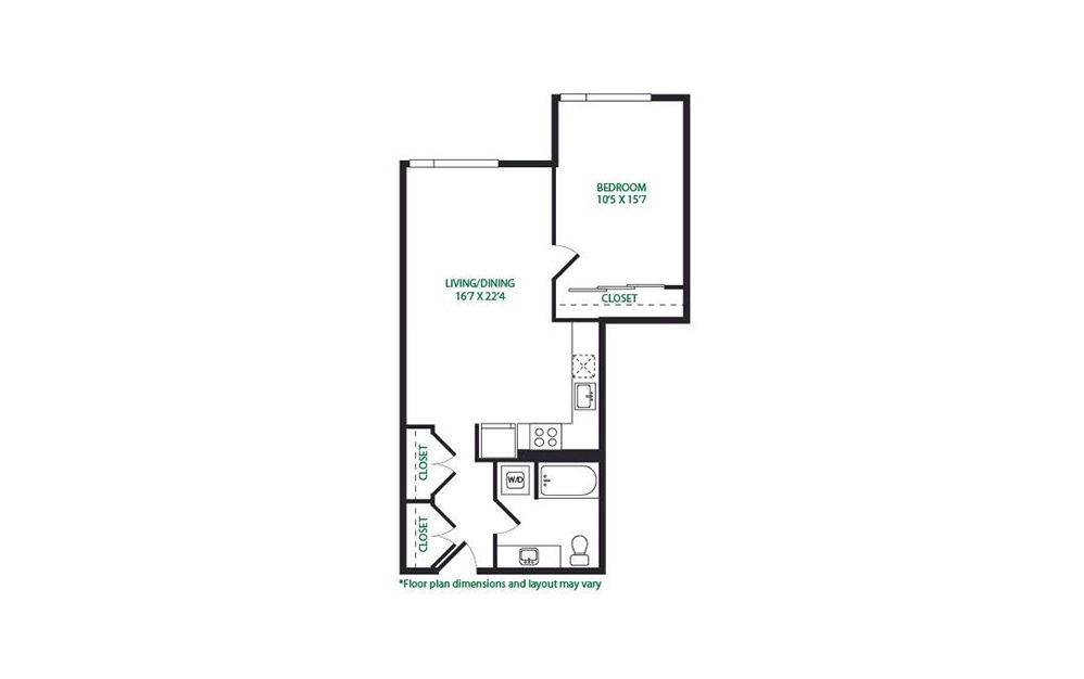 1.1.6 - 1 bedroom floorplan layout with 1 bath and 758 square feet.