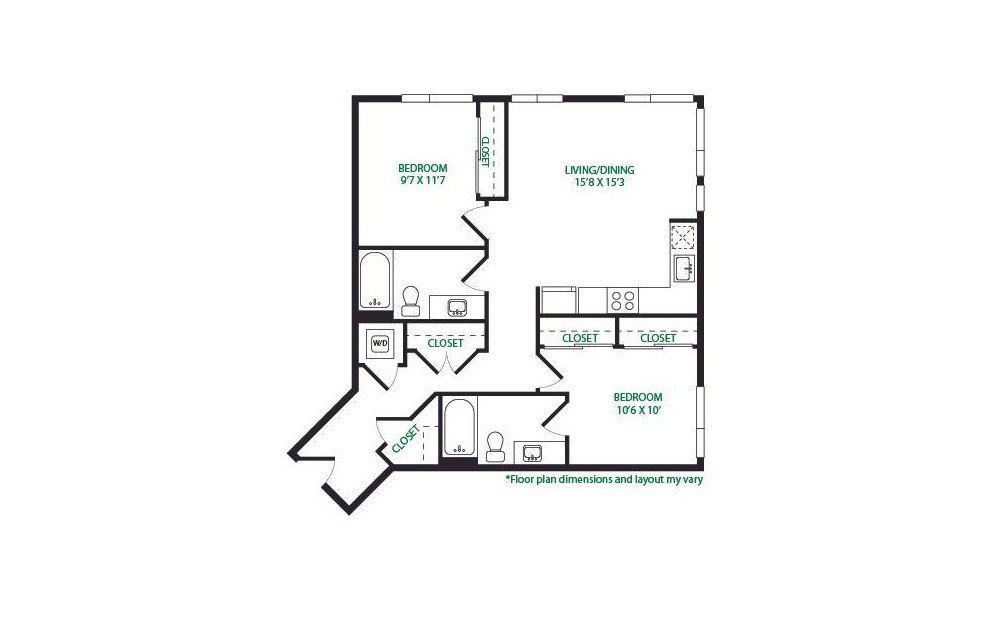 2.8.W - 2 bedroom floorplan layout with 2 bathrooms and 957 square feet