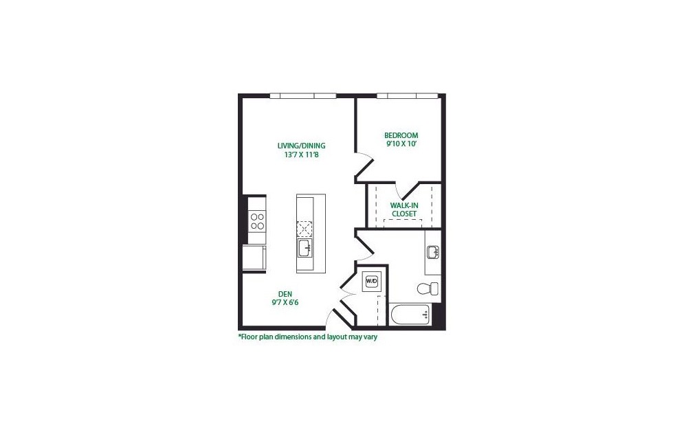 1P.7.W - 1 bedroom floorplan layout with 1 bath and 724 square feet.