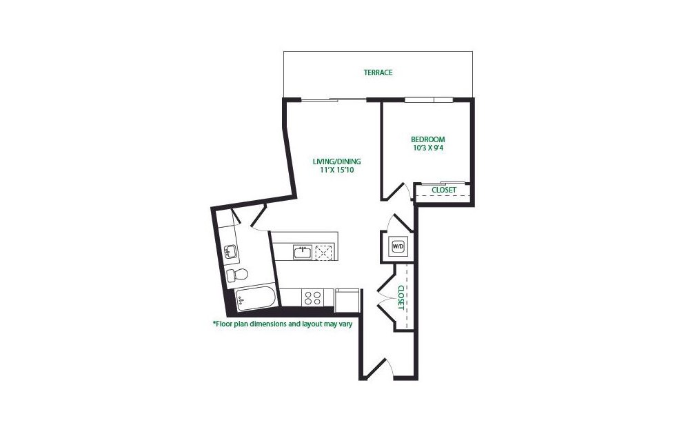 1.11.E - 1 bedroom floorplan layout with 1 bathroom and 674 square feet (Terrace)