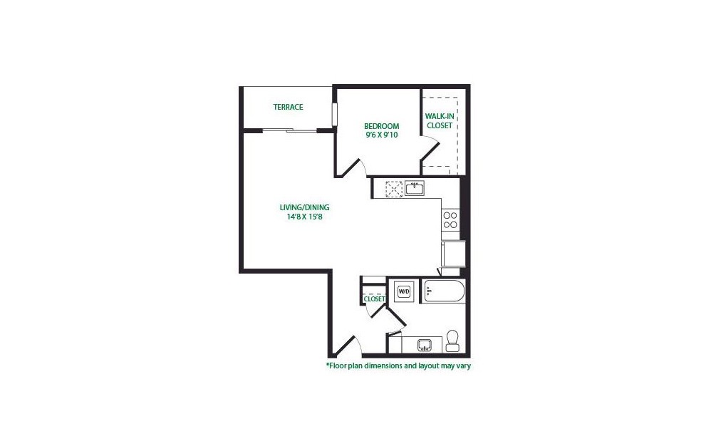 1.14.W - 1 bedroom floorplan layout with 1 bathroom and 705 square feet (Terrace)